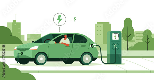 Eco-conscious driver charging electric car at charging station in green city environment, promoting sustainable transportation and clean energy solutions