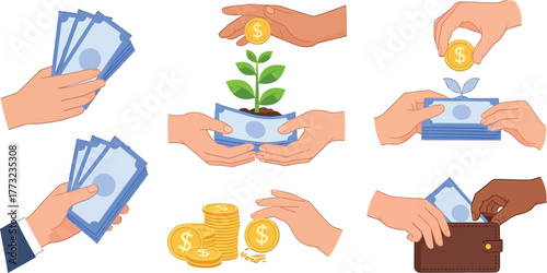 Illustrative financial growth concept showing hands managing money, investments, and savings for a prosperous future, symbolizing wealth creation