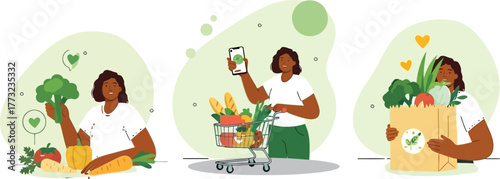 Healthy lifestyle choices African woman shopping fresh produce with eco-friendly mindset and mobile app for nutrition tracking and grocery list planning