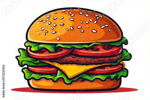 Cartoon illustration of a burger with lettuce, tomato, cheese, and sesame seeds on a bun.