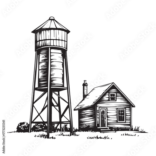 Vintage water tower and small building with a tree in a rural landscape