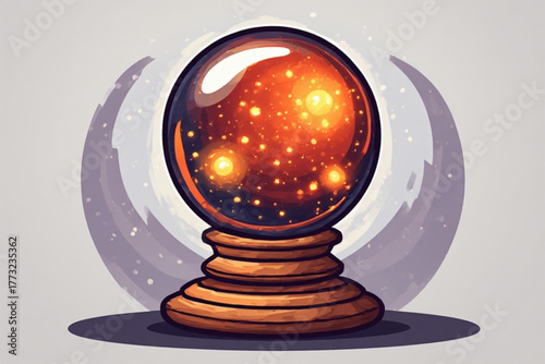 A crystal ball with a fiery galaxy inside, sitting on a wooden stand, against a crescent moon backdrop.
