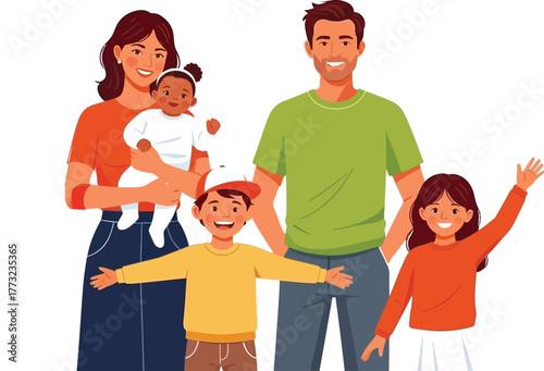 Happy family portrait with diverse children embracing love and togetherness, perfect for family blogs, parenting resources, and heartwarming campaigns
