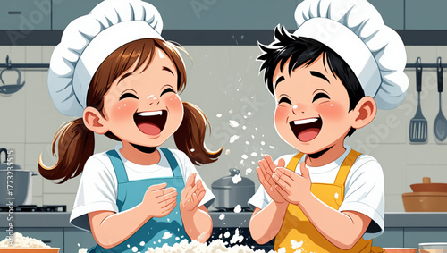 Joyful children in chef hats enthusiastically baking together in a kitchen
