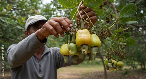 Farmer harvesting fresh ripe cashew apples and nuts from a tree.