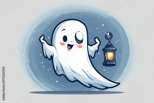 A cartoon ghost cheerfully floats, holding a lantern, against a blue, speckled background.