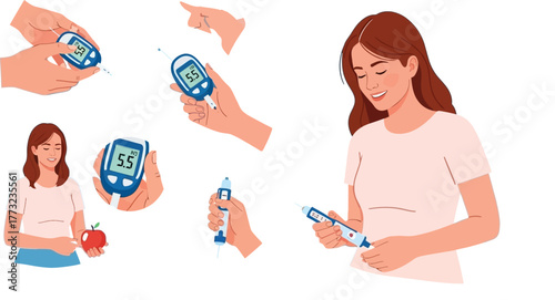 Empowered woman managing diabetes with modern medical devices for healthy lifestyle and blood sugar control, promoting wellness and self care, smiling confidently