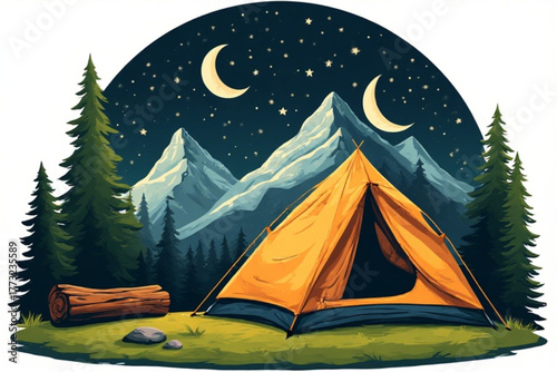 A tent stands on grassy ground at night, with mountains, trees, moons, and stars in the background.