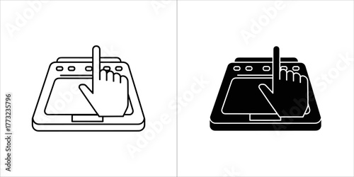 Black and white outline and filled icons of a hand interacting with a touchscreen device