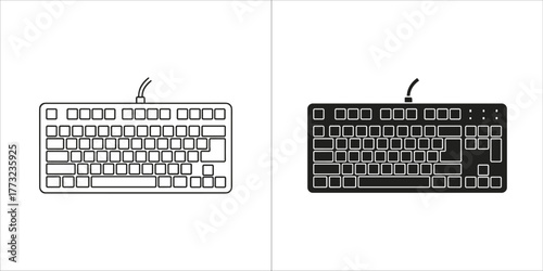 Two icons of a computer keyboard, one outlined and one filled, on a