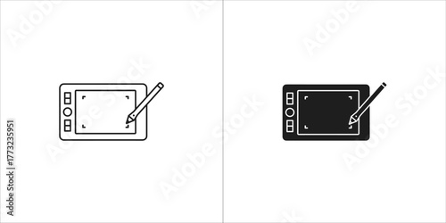 Black and white outline and filled icons of a graphic drawing tablet with stylus