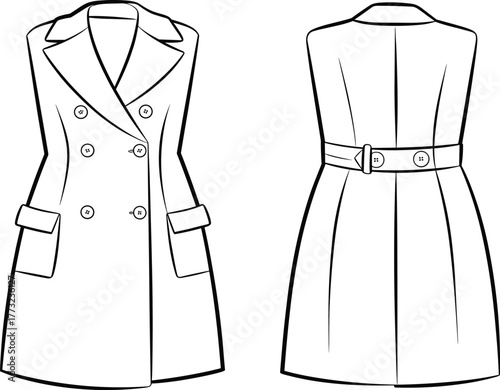 Double breasted coat fashion template, CAD garment drawing, flat vector illustration, tailored outerwear design, notched lapel sketch, clothing outline, trench style