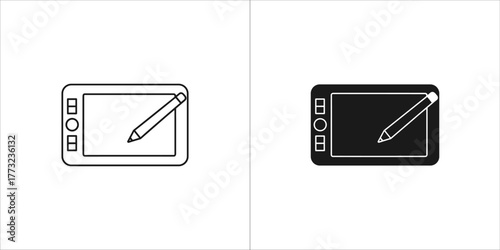 Two graphic drawing tablet icons, one outline and one solid black, displayed side by side on a