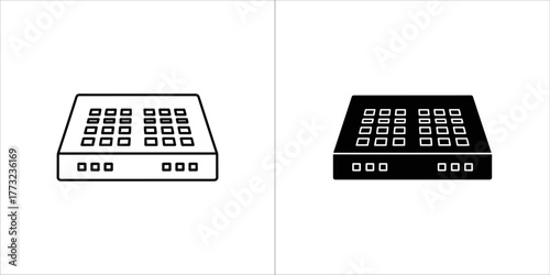 Two icons of a midi controller, one outline and one filled