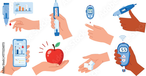 Managing diabetes with modern tools and healthy food choices for a balanced lifestyle showing blood sugar testing and monitoring with an apple