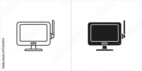 Two icons of a portable monitor, one outline and one filled