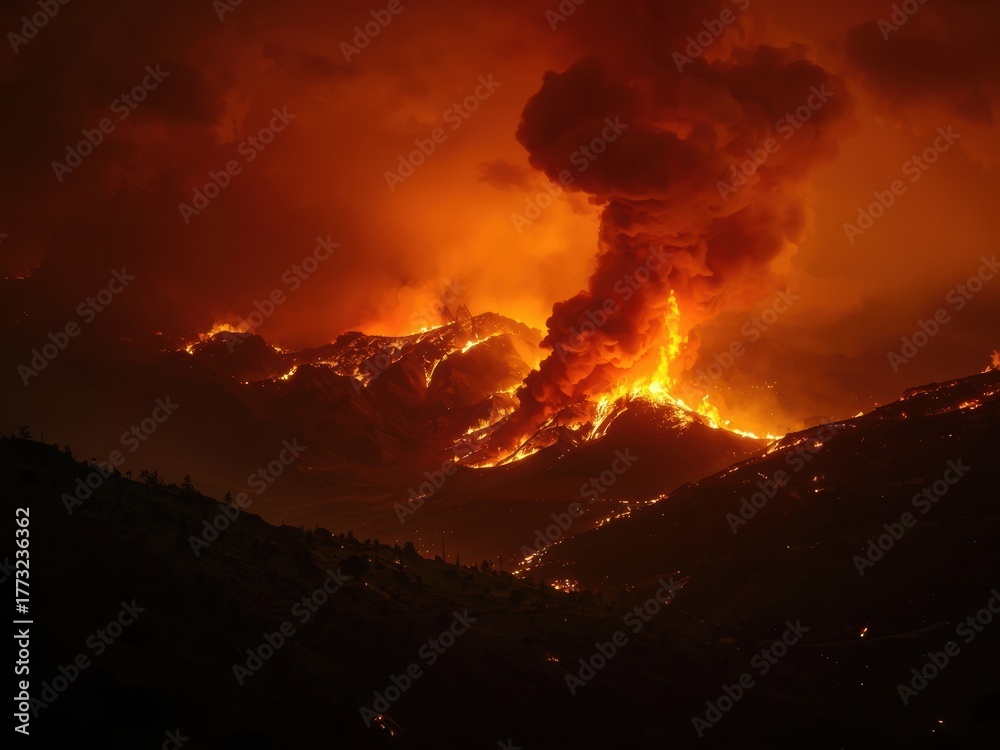 Fototapeta premium Dramatic wildfire rages across mountain range spewing smoke and flames creating a fiery hellscape perfect for disaster storytelling
