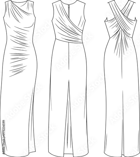 Elegant evening gown vector, draped long dress design, sleeveless fashion sketch, formal wear illustration, women’s clothing template, CAD technical drawing