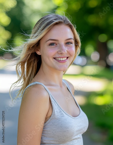 Natural outdoor portrait of a young smiling woman with blonde hair in sunlight, casual lifestyle photography with soft bokeh background in a summer park.