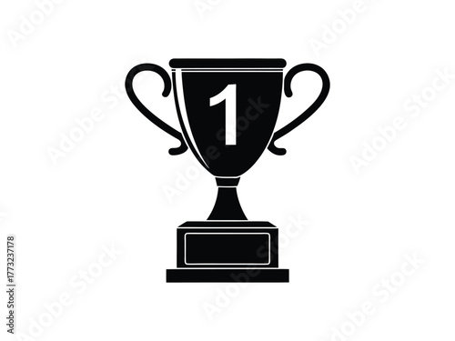 Black silhouette of a first place trophy cup with number 1 on white Keywords: trophy, cup, award, winner