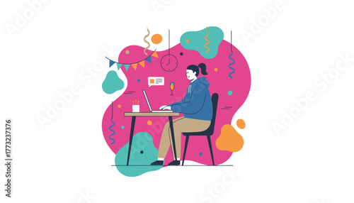 Woman working on laptop at a decorated desk during a virtual party or remote celebration Vector art