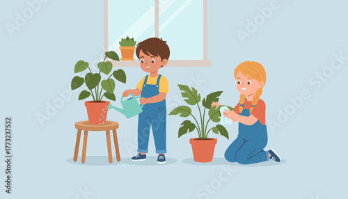 Happy kids caring for houseplants indoors Children learning responsibility gardening hobby and family activity