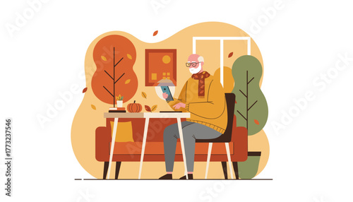 Cozy fall Senior man uses a smartphone at home embracing technology and modern communication