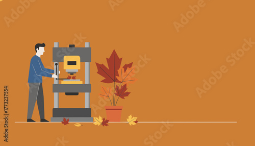 Worker uses a large press machine next to potted fall leaves vector illustration