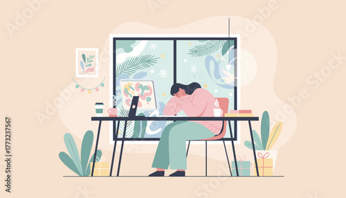 Tired woman sleeps at her desk experiencing work burnout and winter fatigue in a cozy home office
