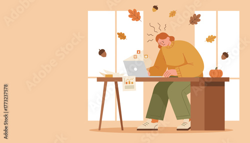 Autumn work stress Woman experiences burnout while working remotely on her laptop
