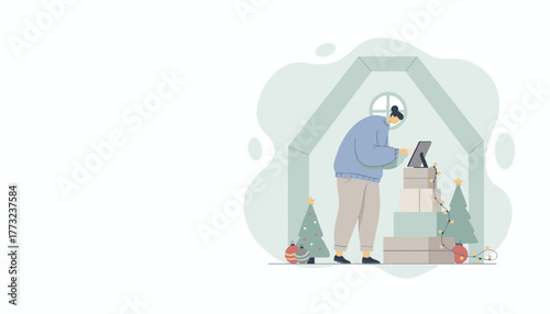 Online holiday shopping Woman uses a tablet near gift boxes and Christmas trees