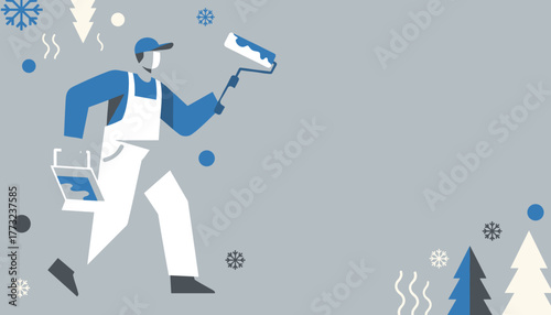 Professional painter worker illustration with roller and paint during winter season