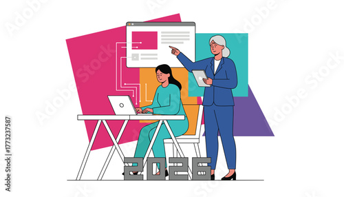 Business strategy and digital planning for 2026 Mentorship and teamwork illustration