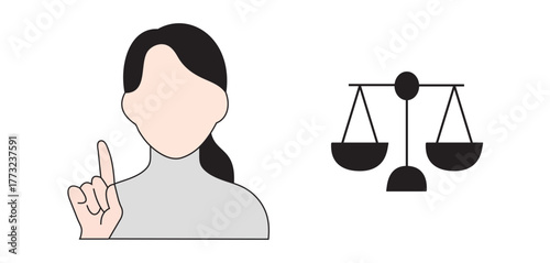 Woman Pointing with Justice Scale – Law Equality Concept Flat Vector Illustration