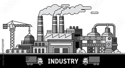 Manufacturing complex illustration with smoking stacks crane trucks Production industry concept