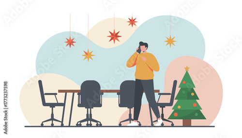 Holiday business call Man on phone in festive corporate conference room