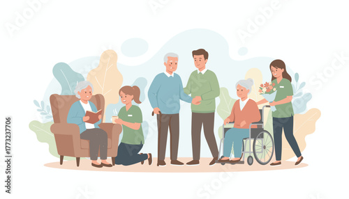 Compassionate elder care nurses and family assist seniors in assisted living with warmth and kindness