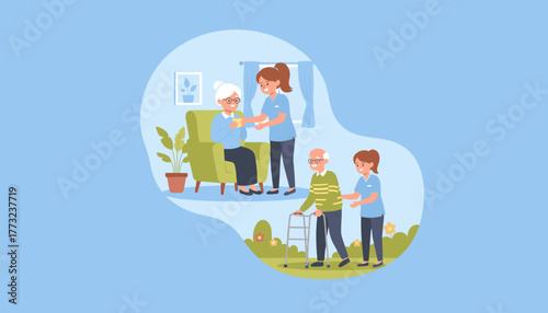 Professional nurses providing care support and assistance to elderly residents