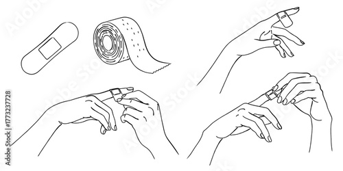 怪我をした指に絆創膏（カットバン/包帯）を貼る手の線画イラストセット,応急処置,治療,怪我,ベクター