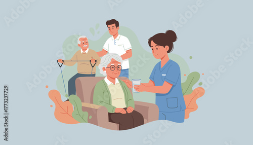 Caring nurses and staff assist seniors with exercise and hydration in a retirement home setting