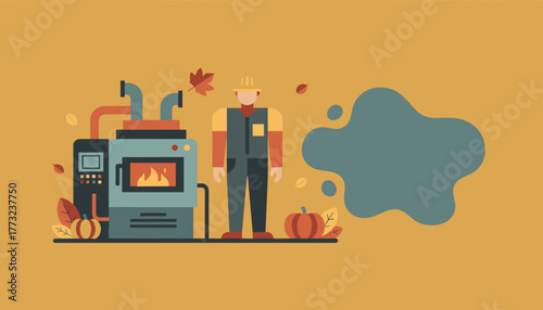 Technician maintaining an industrial furnace during the autumn season Heating system service illustration