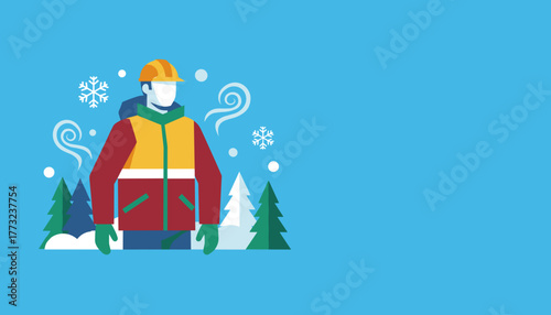 Dedicated essential worker in safety gear braves the cold and snow outdoors Vector illustration