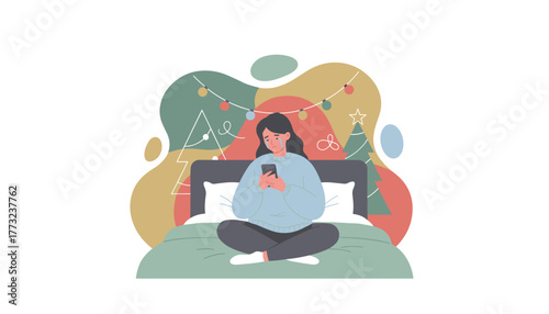 Lonely woman crying on bed while looking at phone during Christmasholiday depression