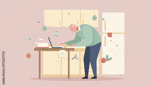 Senior man works on laptop at home balancing business and Christmas holiday tasks