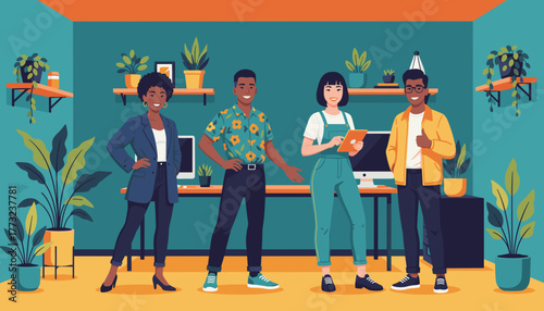 Diverse young team collaborating in a modern vibrant office environment promoting business success and creativity