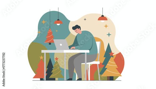 Remote work stress during the holidays Man uses a laptop amidst abstract festive trees