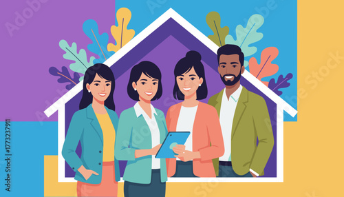 Diverse smiling team in a house outline with a tablet symbolizing real estate business and teamwork
