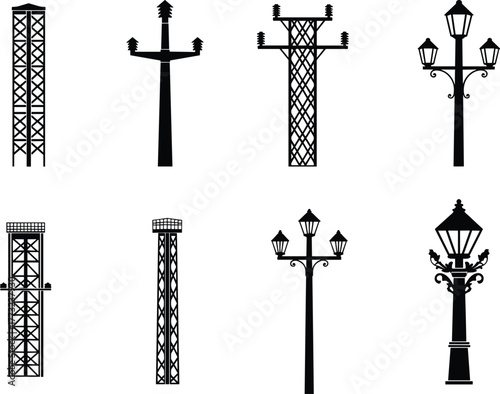 Flat vector silhouettes of utility poles, lattice towers, street lamps, electric infrastructure, urban lighting, power distribution, city energy elements, illustration