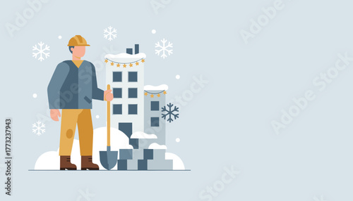 Winter construction worker with a shovel near decorated city buildings during snowfall