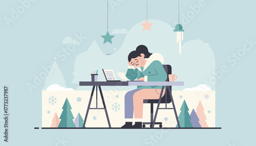 Illustration of tired worker suffering winter depression working from home office on laptop
